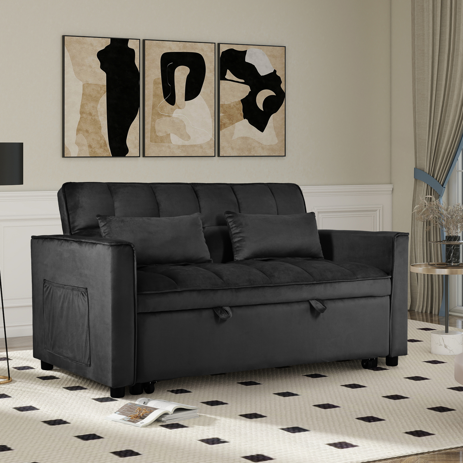 Soft Velvet High Density Foam Sofa Bed Pull Out Couch Bed Metal Frame Wood Legs