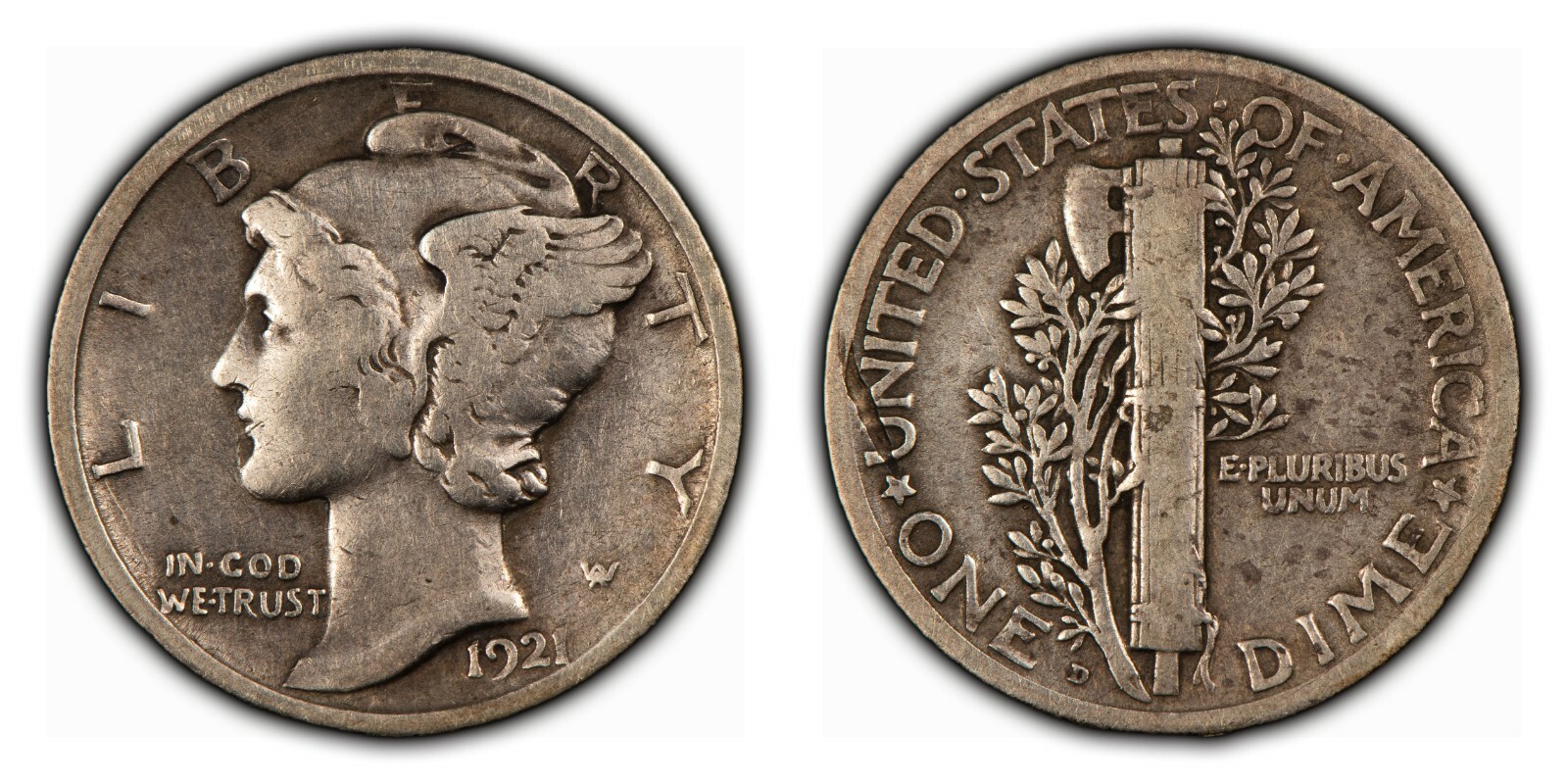1921-D 10c Mercury Silver Dime - Fine/VF Key Date - B1928