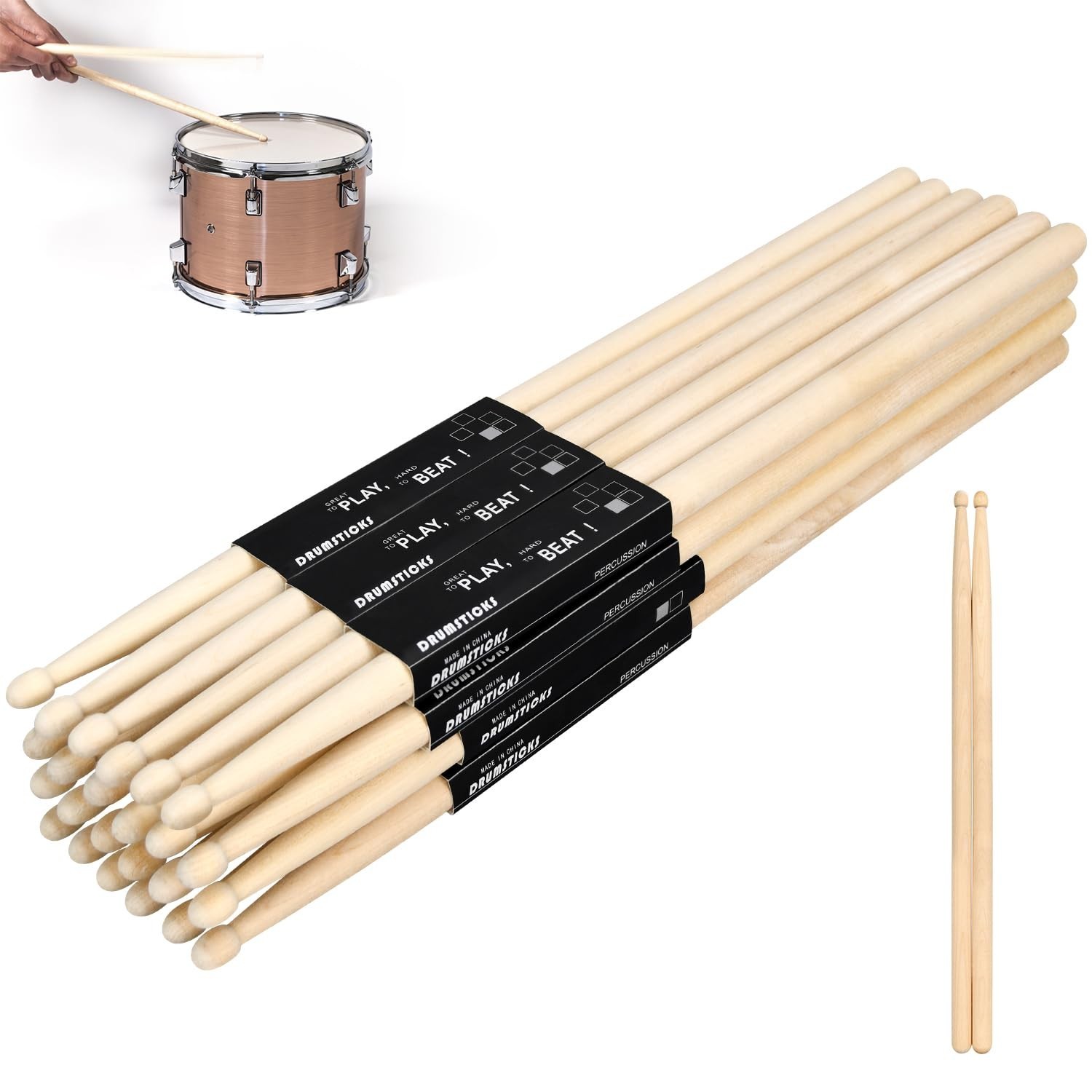 12 Pairs 5A Drum Sticks, Oval Wood Tip Non-slip Drum Stick for Jazz Drum Elec...