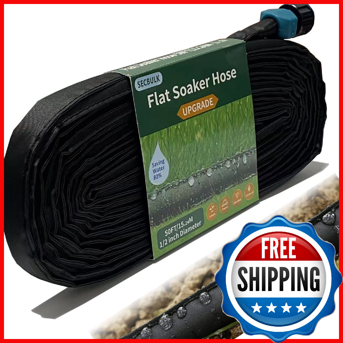 Secbulk 50ft Flat Soaker Hose Garden Drip Irrigation System Linkable Leak-free
