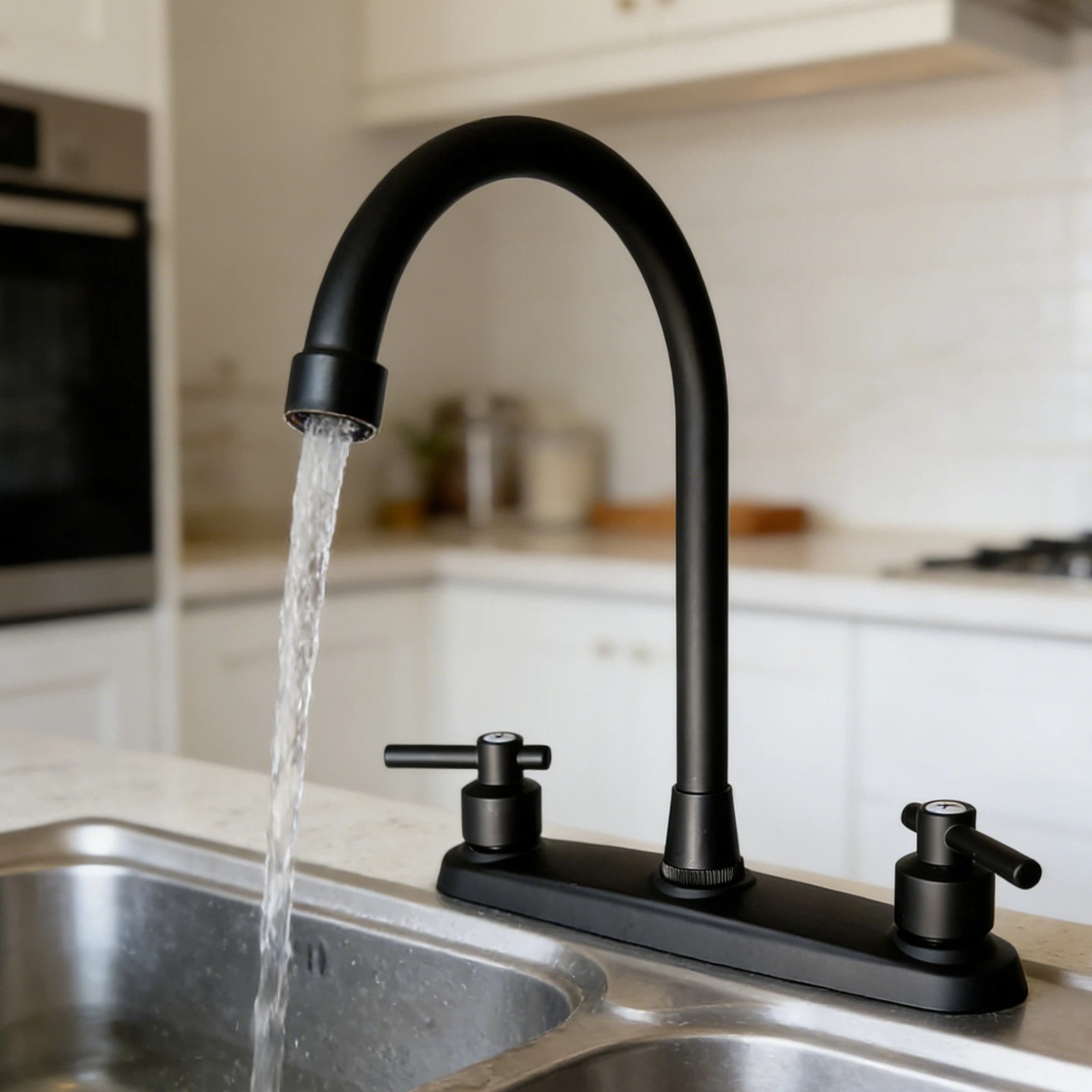 8Inch Black Commercial Sink Kitchen Faucet Swivel Spout Center Stainless Steel