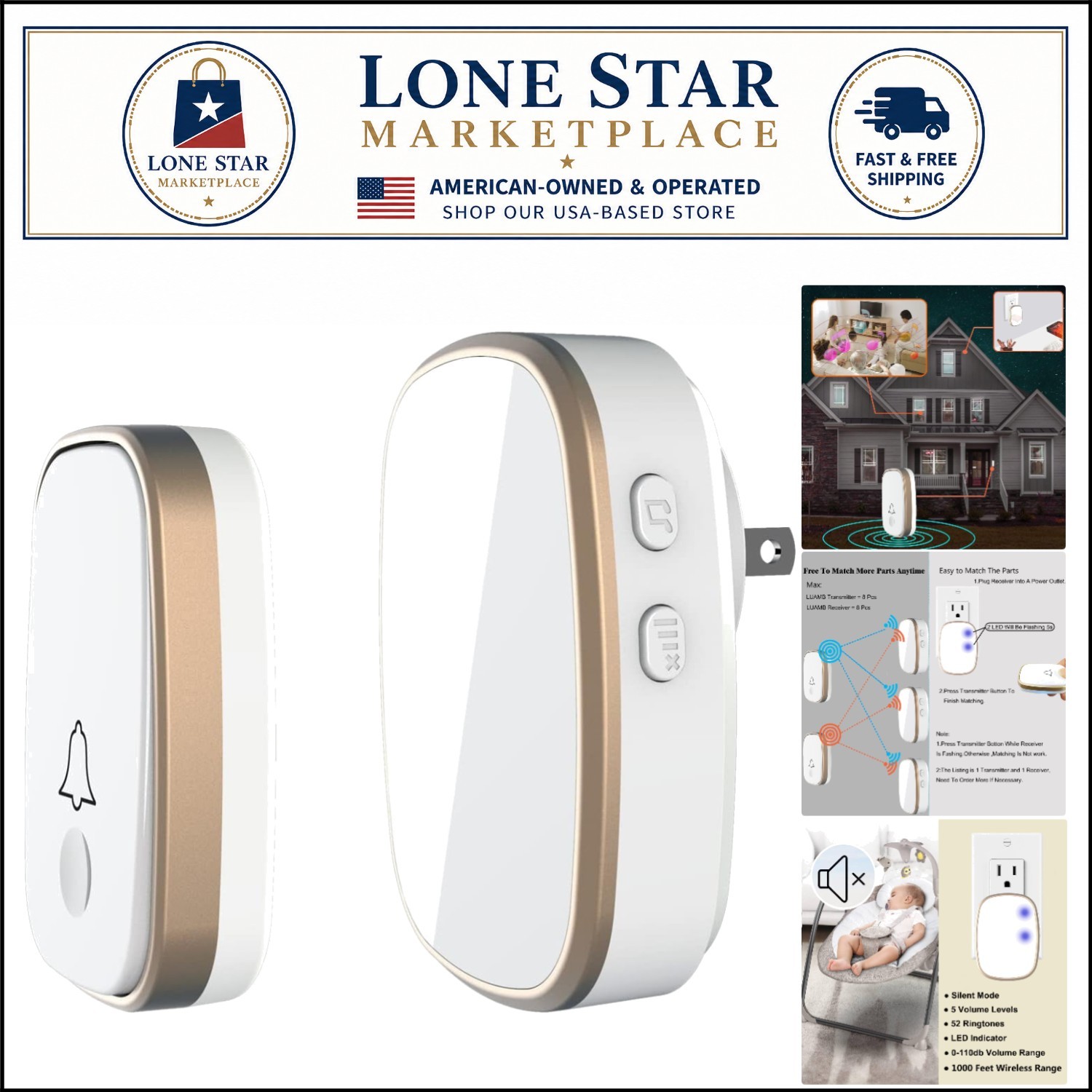 Modern Wireless Doorbell with 1,000ft Range, 52 Ringtones & LED Flash Alerts