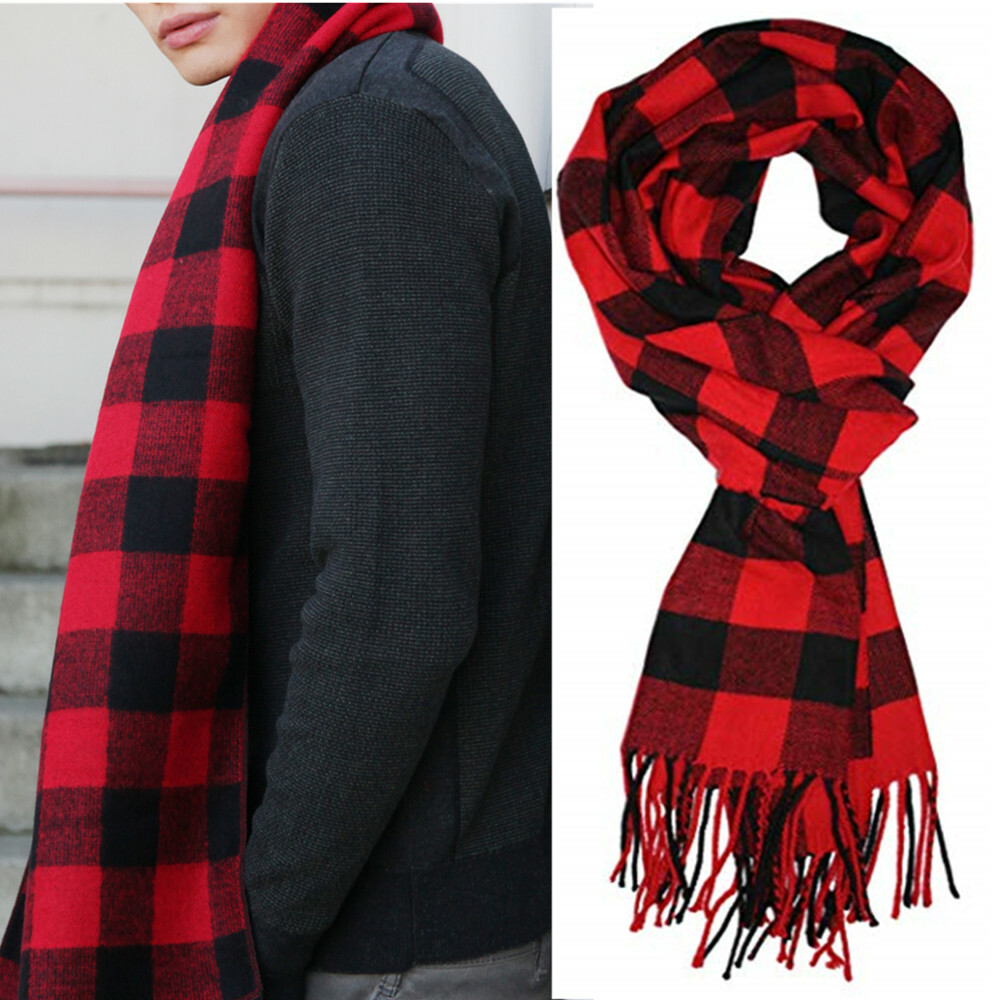 For Mens 100% Cashmere Scarf Wrap Square Buffalo Check Wool SCOTLAND Red Black