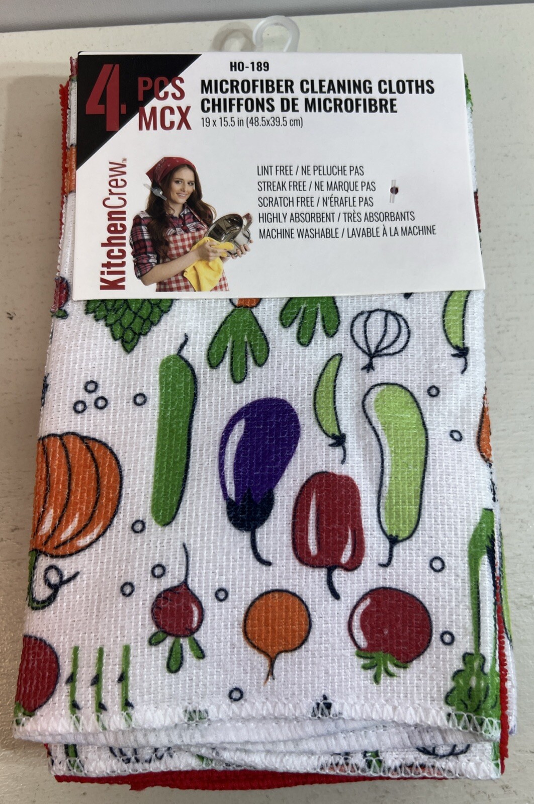 Microfiber Cleaning Cloths 19" x 15.5" 4Pcs 2 Printed Vegetables 2 Solid Red