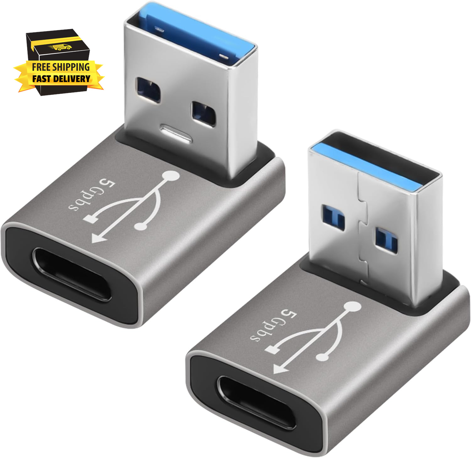 90 Degree USB to USB C Adapter 2 Pack, up and down Right Angle USB C Female to a