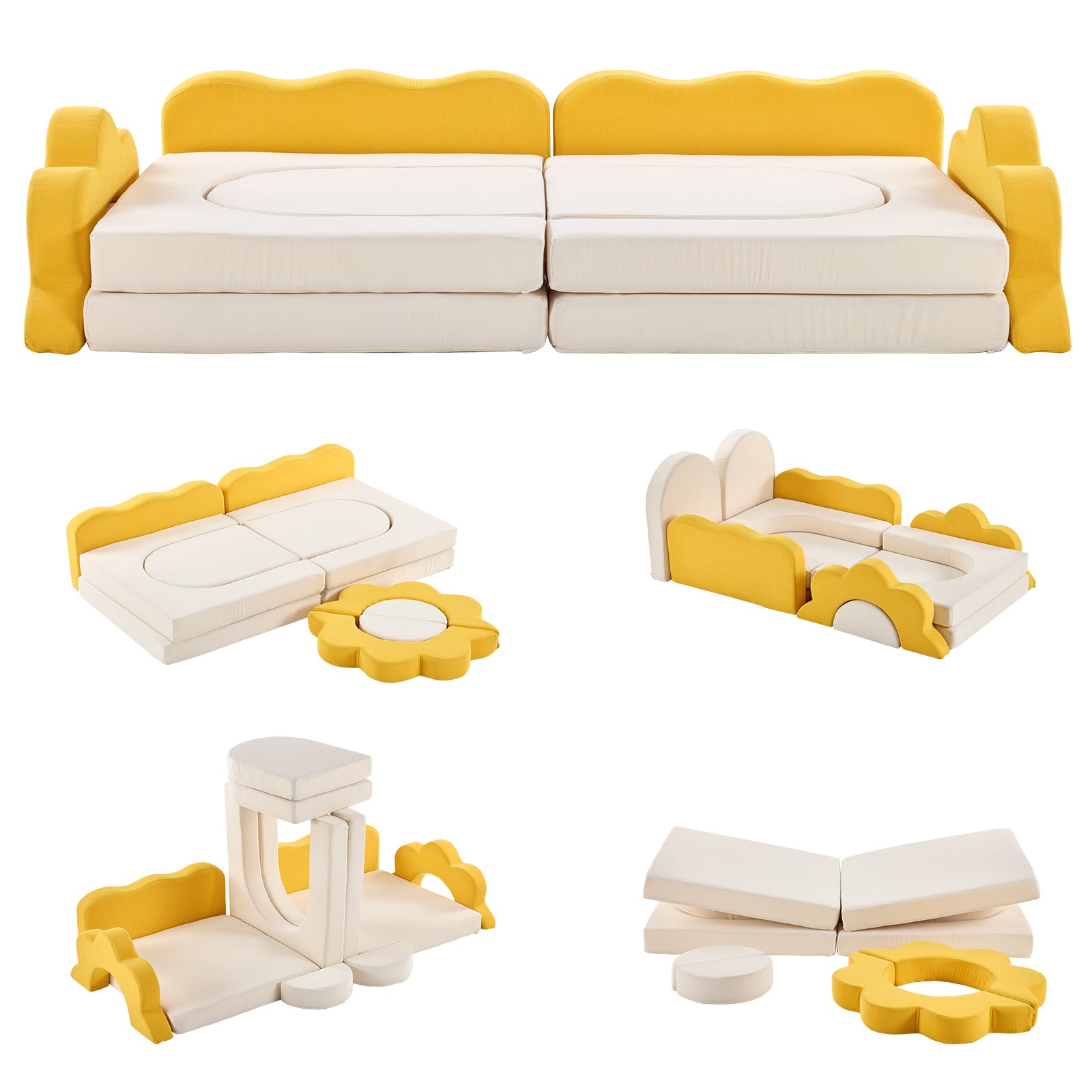 12-Piece Modular Kids Sofa Set All-Sponge Construction Yellow & White,free ship