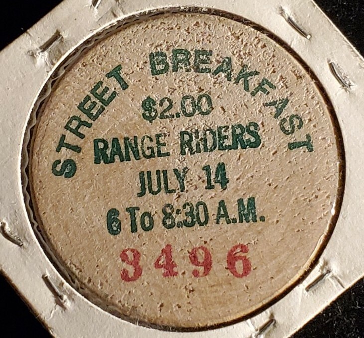 1982 Wooden Nickel Street Breakfast $2.00 Range Riders Colorado Springs. t1975
