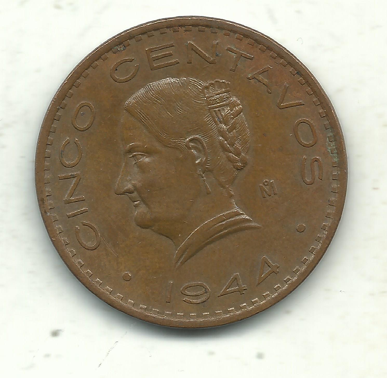 HIGH GRADE AU PLUS 1944 MEXICAN 5 CENTAVOS-MAY533