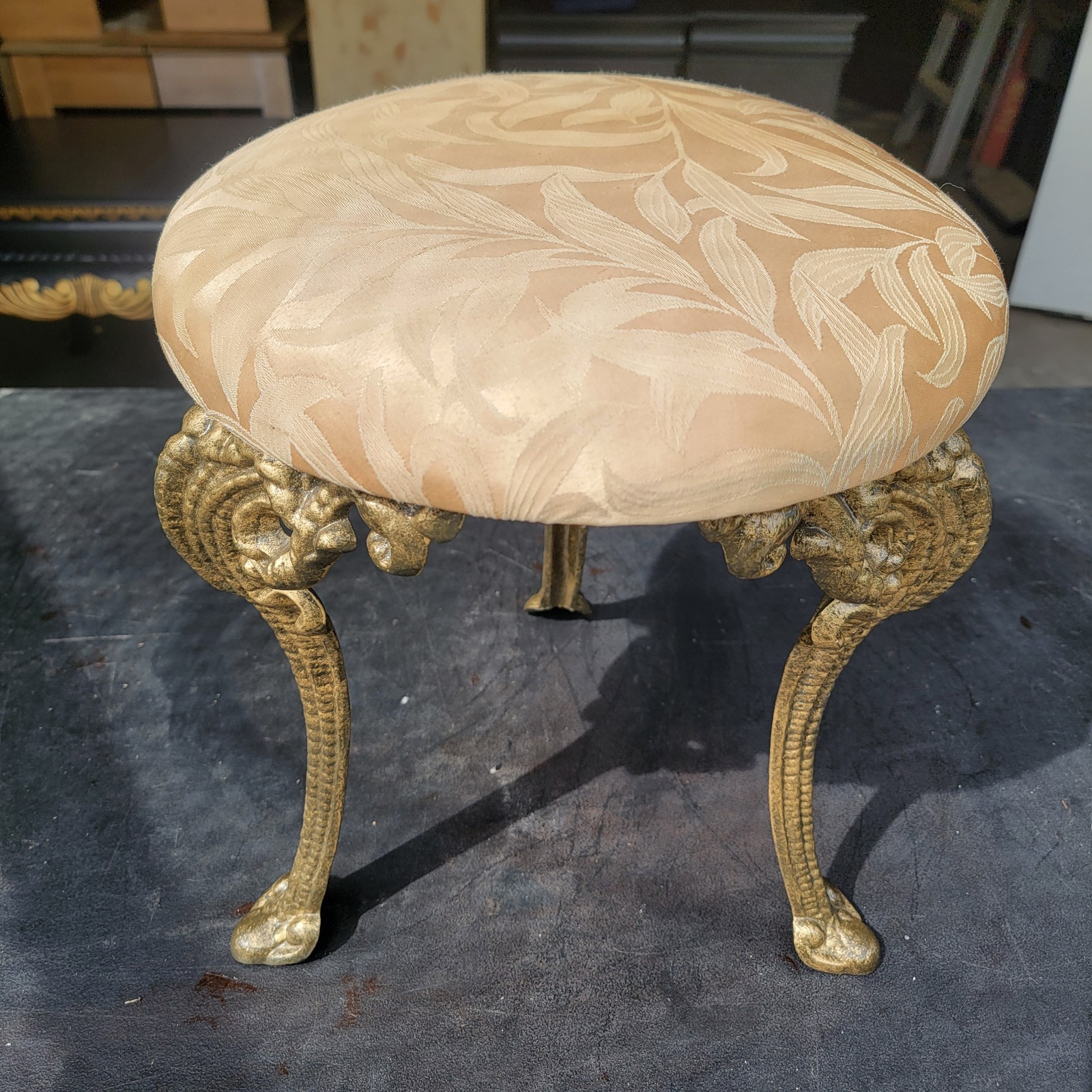 Cast Iron French Victorian Style Upholstered 3 Leg Round Ornate Stool Seat