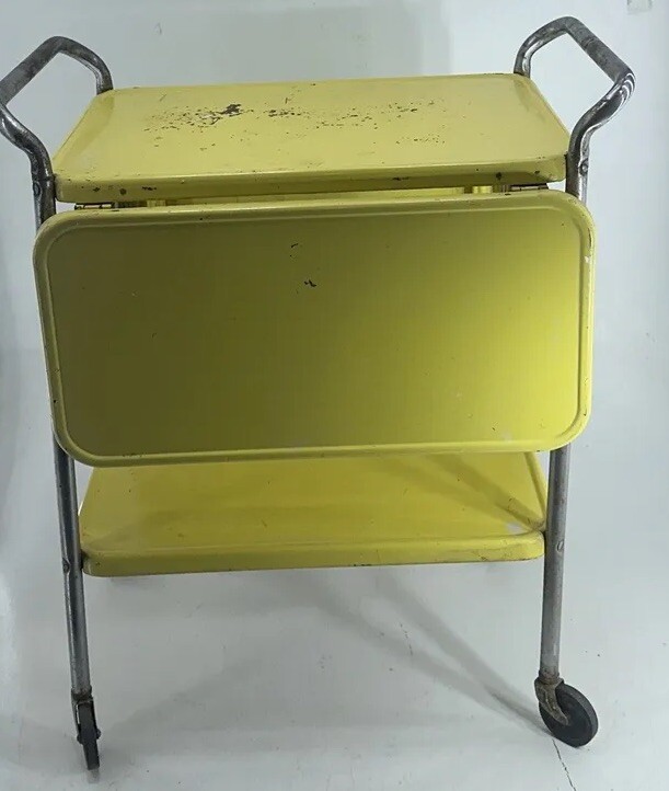 Vintage Cosco Rolling Kitchen Cart 2-Tier Drop Leaf Yellow  Metal Cart