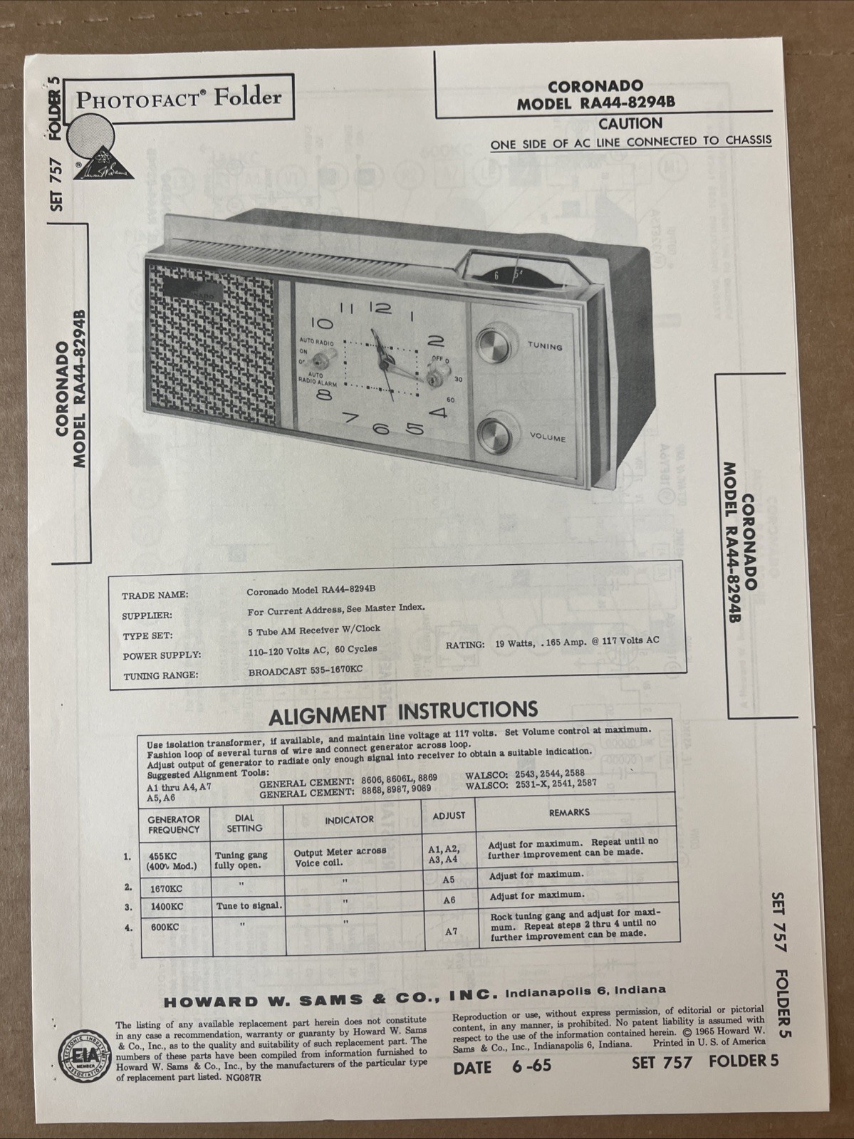 Vintage Sams Photofact Schematic 6-1965 CORONADO MODEL RA44-8294B