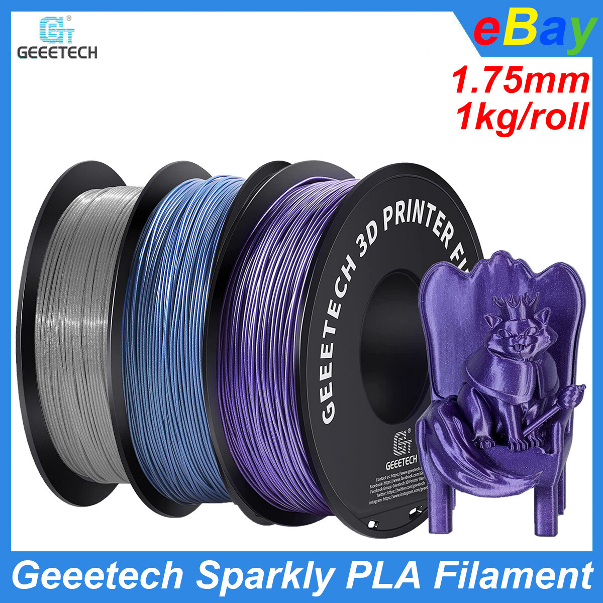 Geeetech 1.75mm PLA 3D Printer Filament 1KG Sparkly Blue/Purple/Silver Filament