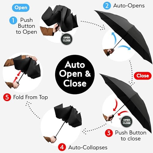 Reverse Folding Windproof Umbrella, Large 46", Strong & Light | A. Black