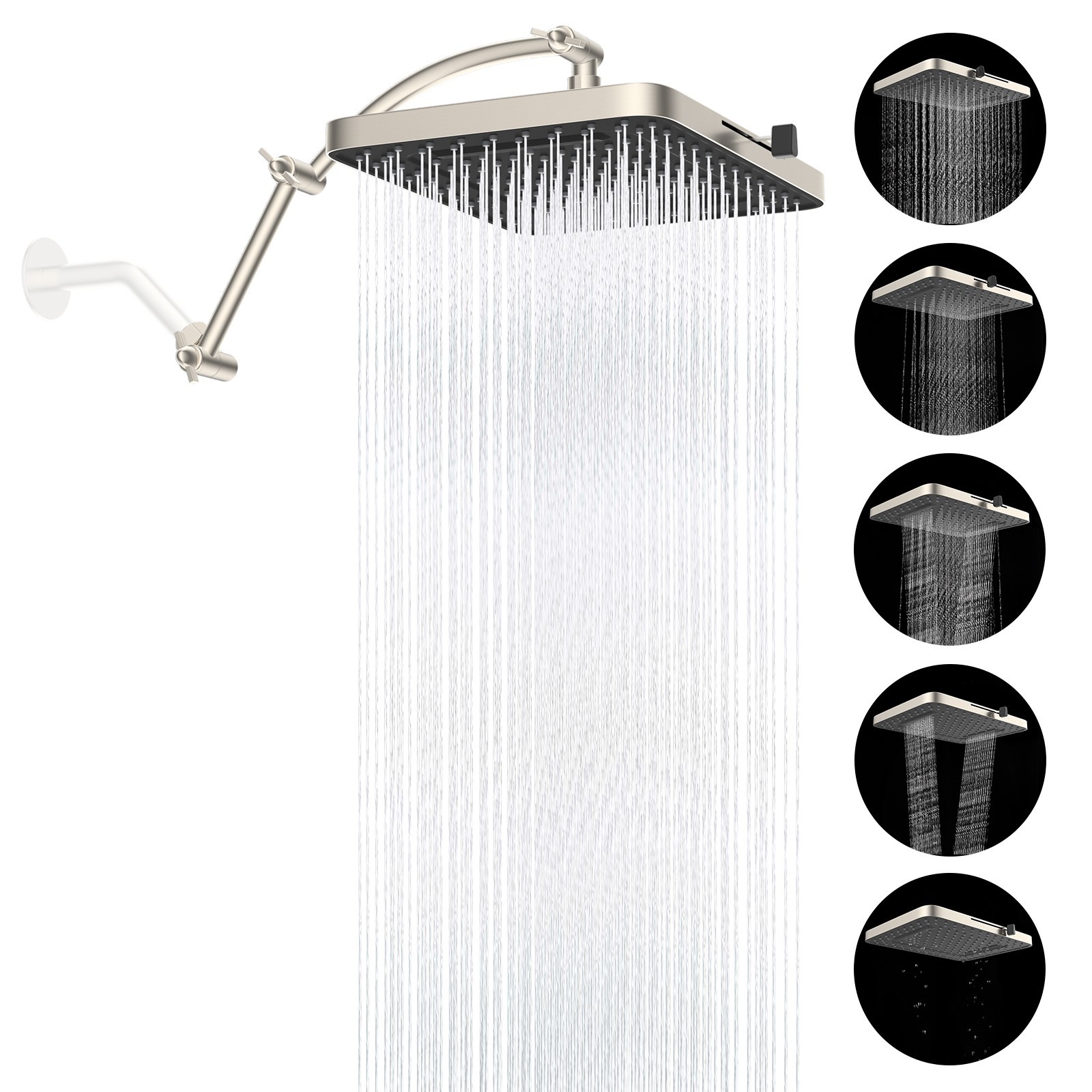 13'' High Pressure Rainfall Shower Head Square 5 Spray Mode with 16" Shower Arm