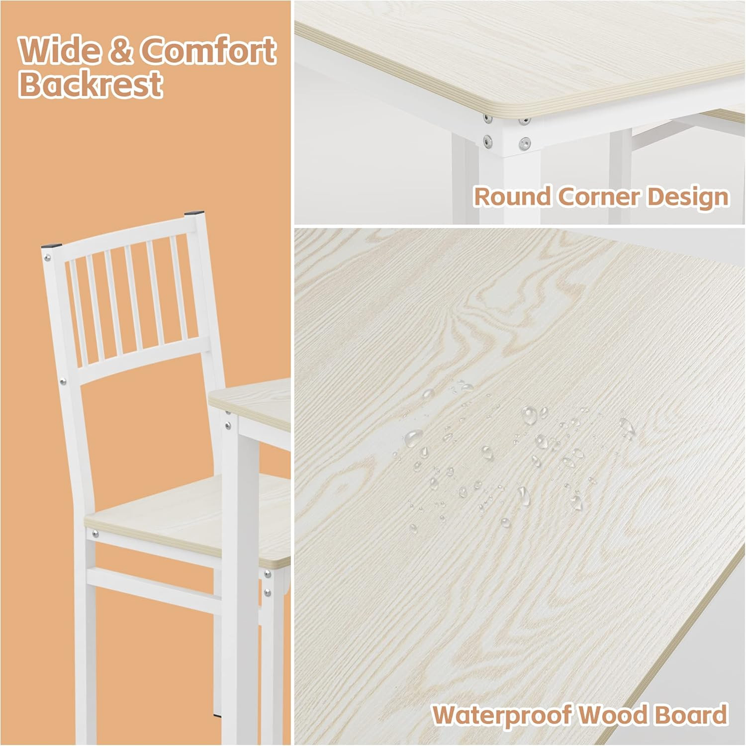 Beige 4-Piece Dining Table Set with 2 Chairs and Bench, 110CM