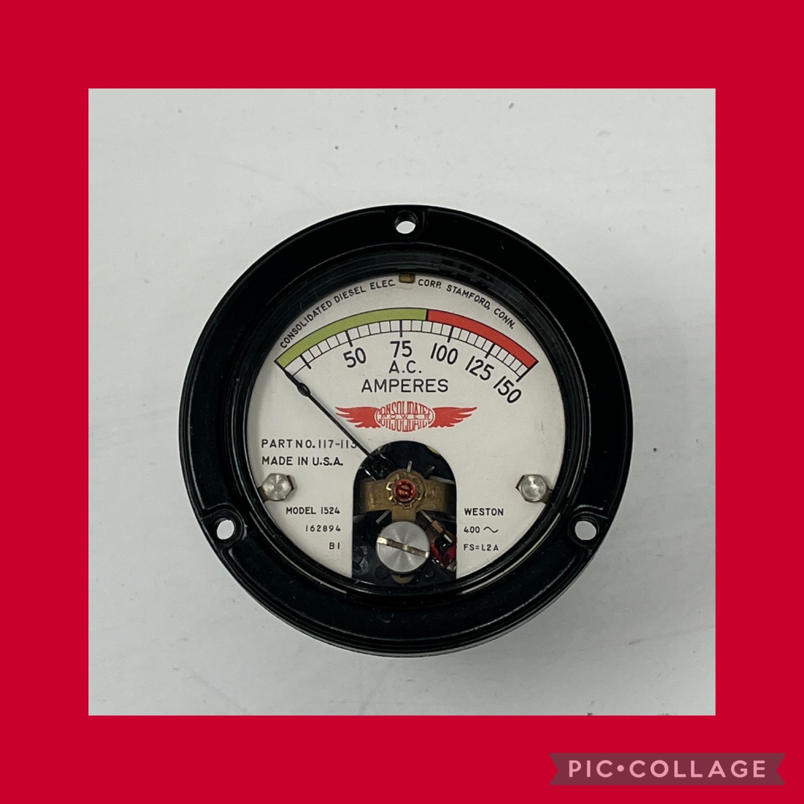 Consolidated Diesel Electric Generator AC AMPERES Meter m/1524 WESTON Gauge USA