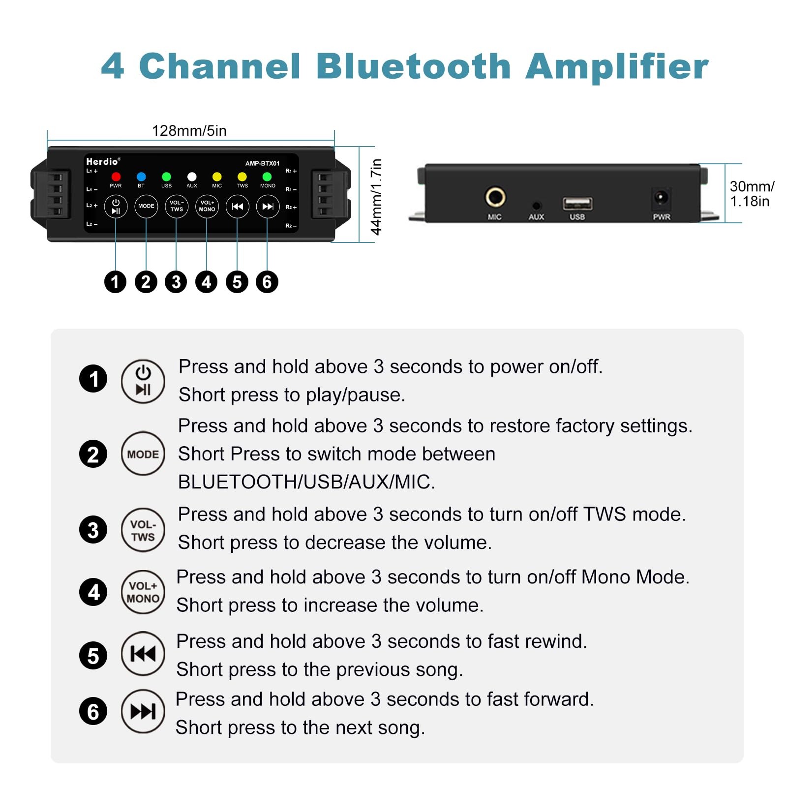 Herdio 4-Channel Bluetooth Amplifier Receiver - 200W Total Power...