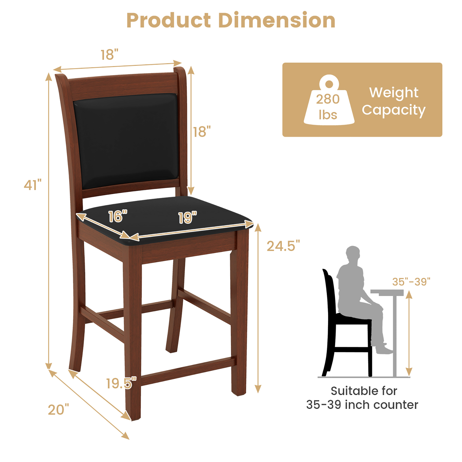 Upholstered Counter Stool Set of 2 w/ Solid Rubber Wood Frame Ergonomic Backrest