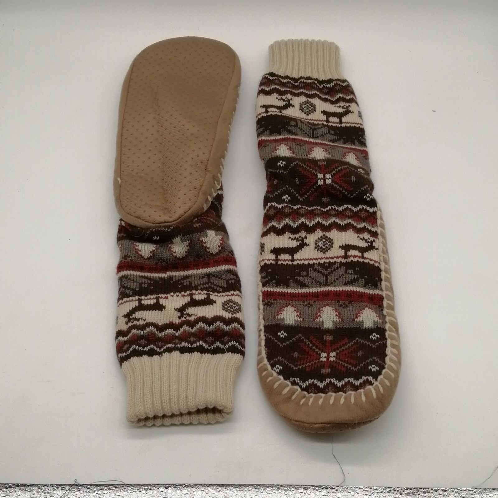 Womens Pull On Mid Calf Slipper Multicolor Tan Knit Cuff Top Suede Outsole 9-10