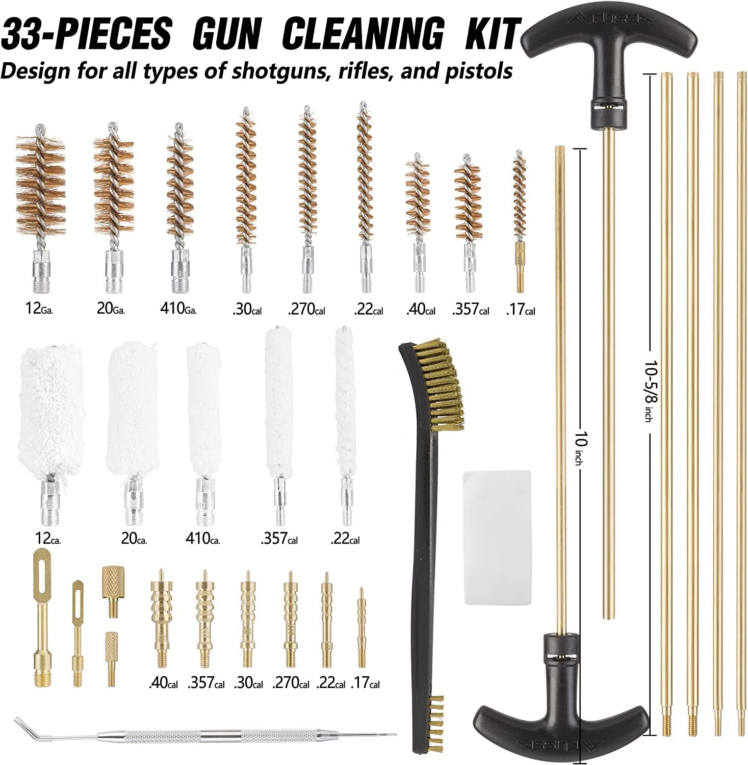 Flissa 33 PCS Gun Cleaning Kit with Solid Brass Rods, Brushes, Mops, Jags, Case