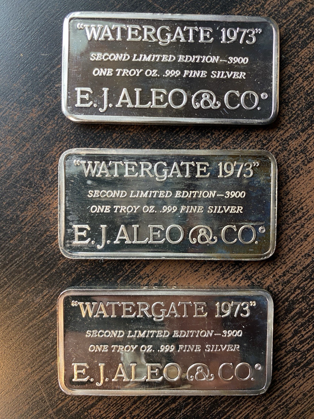 Aged E.J. Aleo & Co. Watergate 1973 Second Edition Silver Bar Set 1 oz .999 Fine
