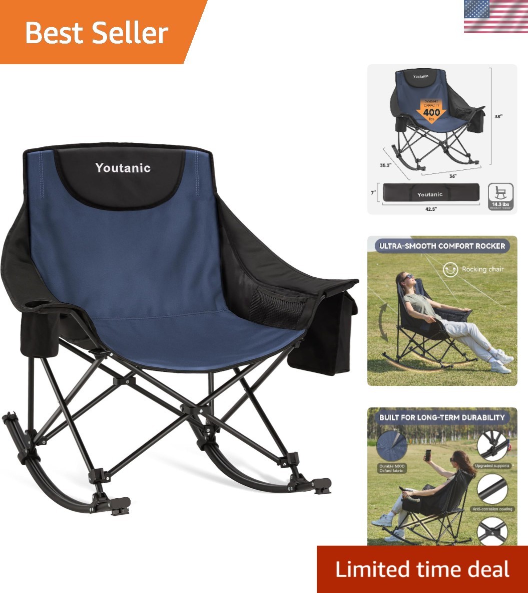 Oversized Rocking Camping Chair Outdoor Heavy Duty Folding Chair w/ Cup Holder