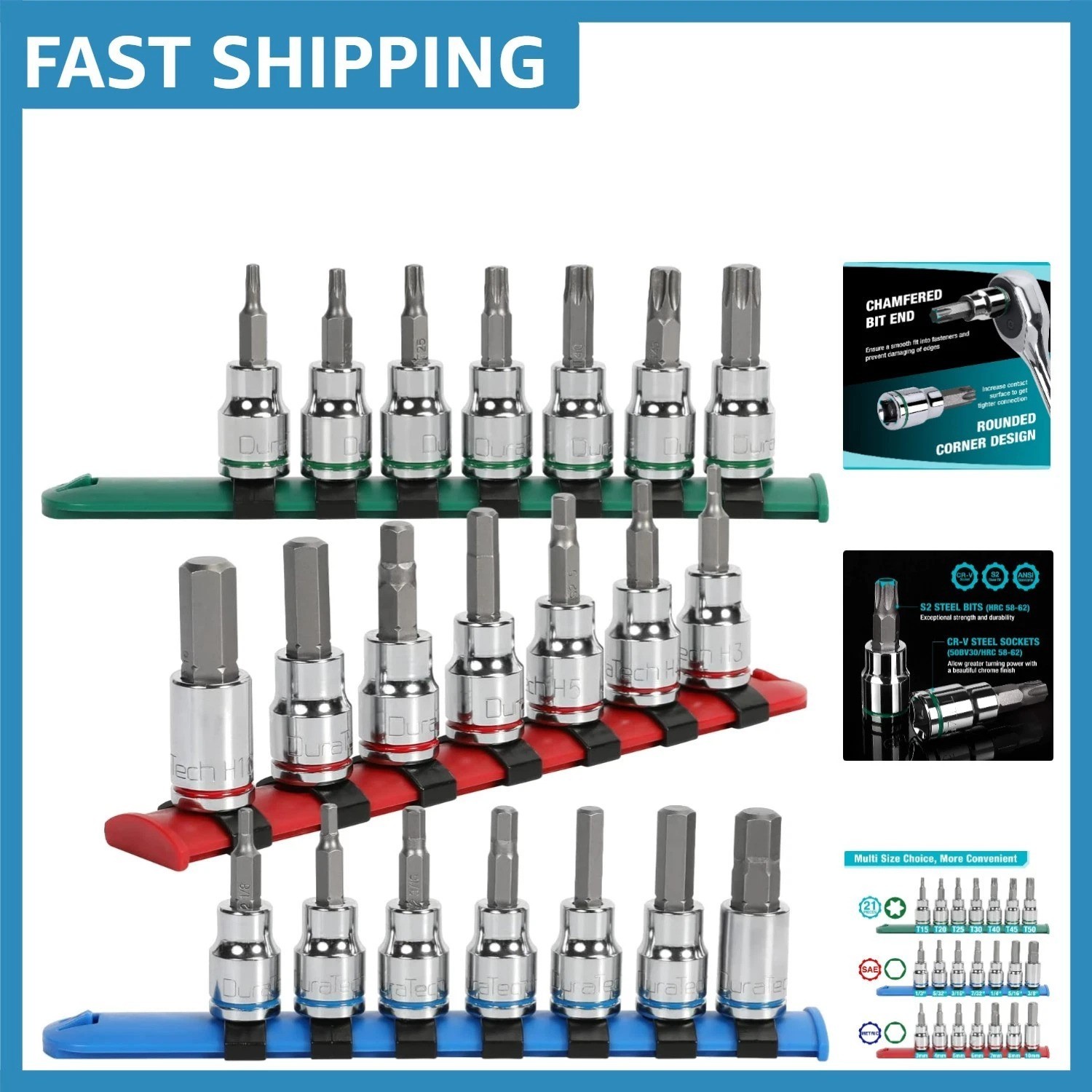 Superior Torque 21-Piece Chrome Plated Socket Set with S2 Bits - 3/8'' Drive