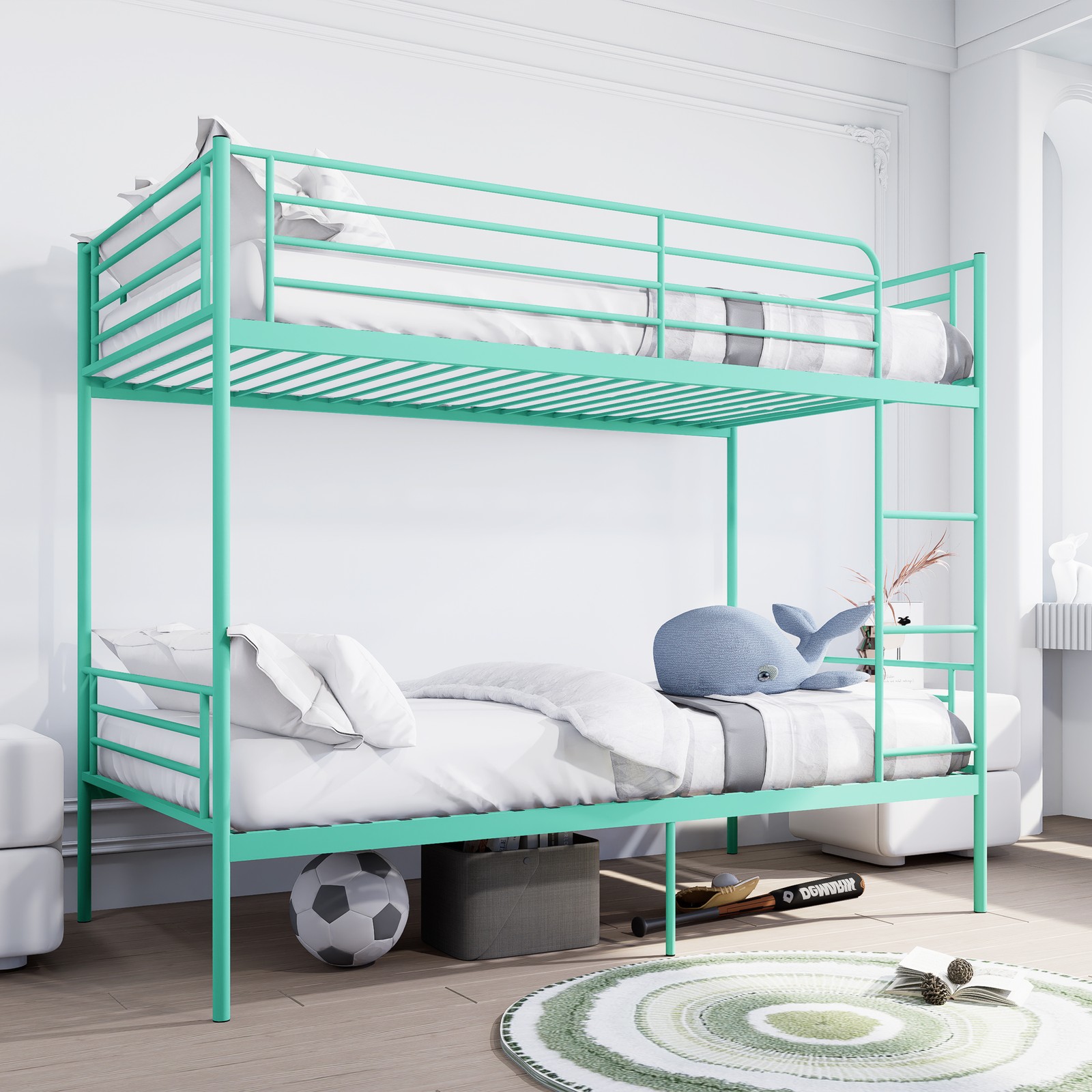 Bunk Bed w/Ladder and high Guardrail,Twin Over Twin Size Metal Bunk Bed Green