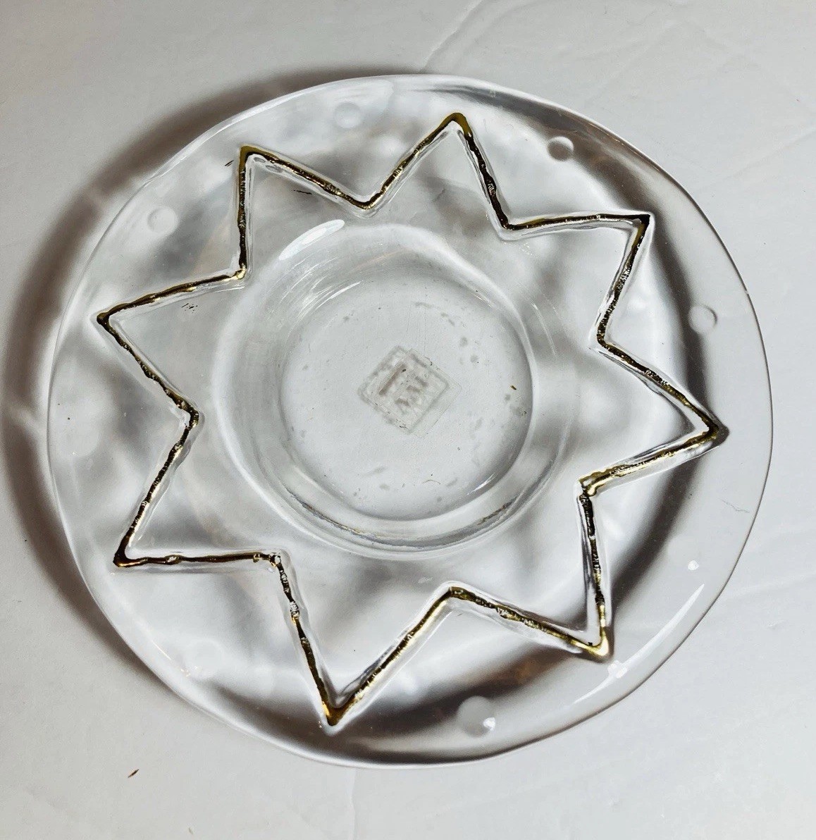 Blown Glass Candle Plate 6” Fused Gold Star Design Footed By IVV Made In Italy