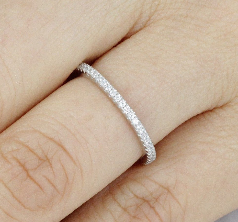 1.2mm Skinny Full Eternity 925 Sterling Silver CZ Wedding Band Ring Guard S1413