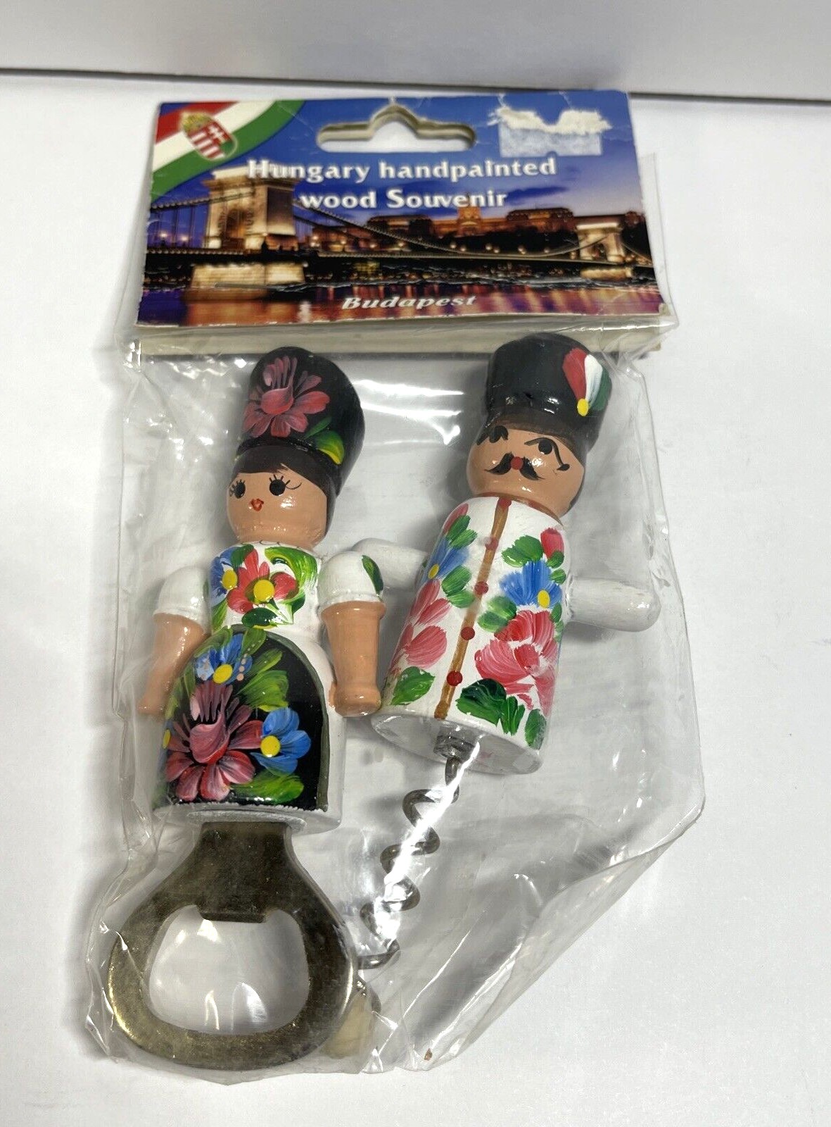 Vintage Hungary Budapest Handpainted Folk Art Wood Cork Bottle Opener Set