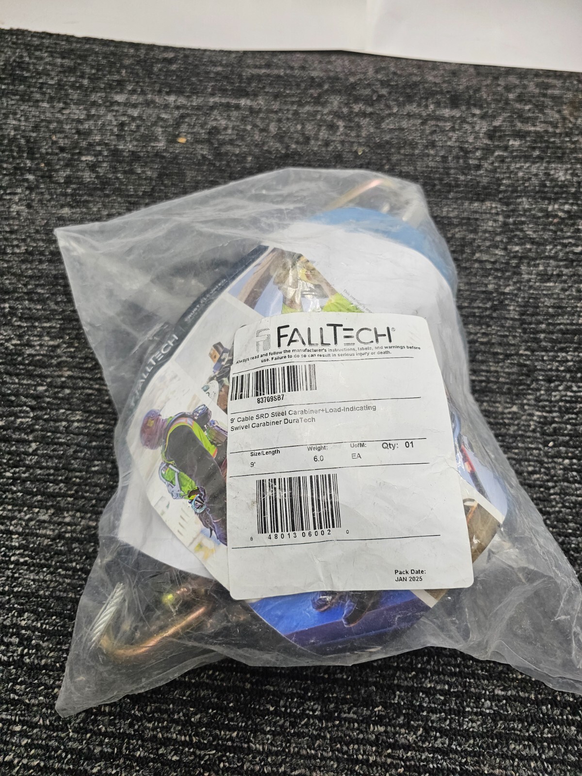 FALLTECH 9' Cable SRL w/ Steel Swivel Snap Hook Inc Steel Carabiner 83709SB7