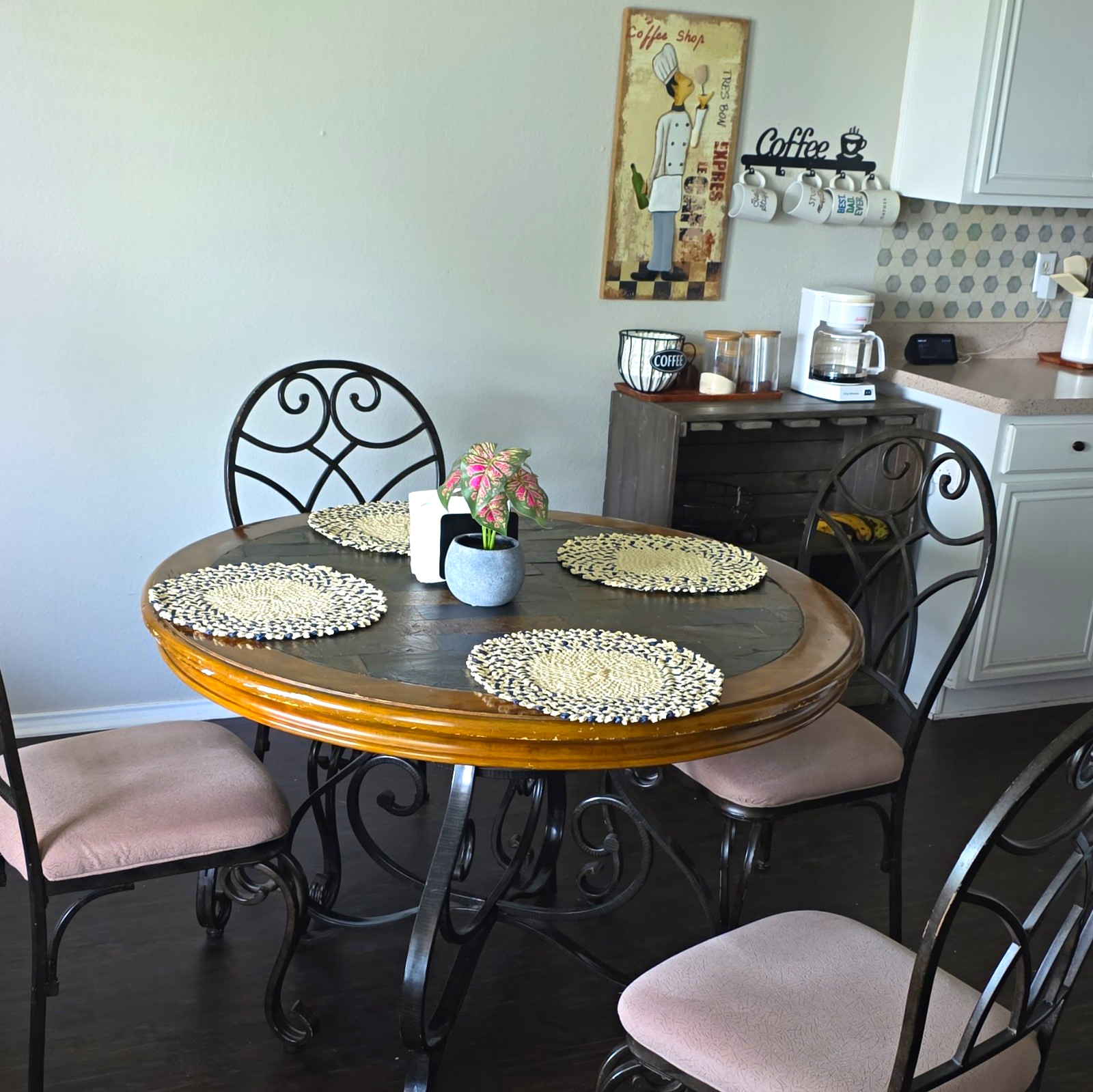 Round Dining Table Set w/ 4 Chairs, Wood & Metal, Brown/Black, Seats 4