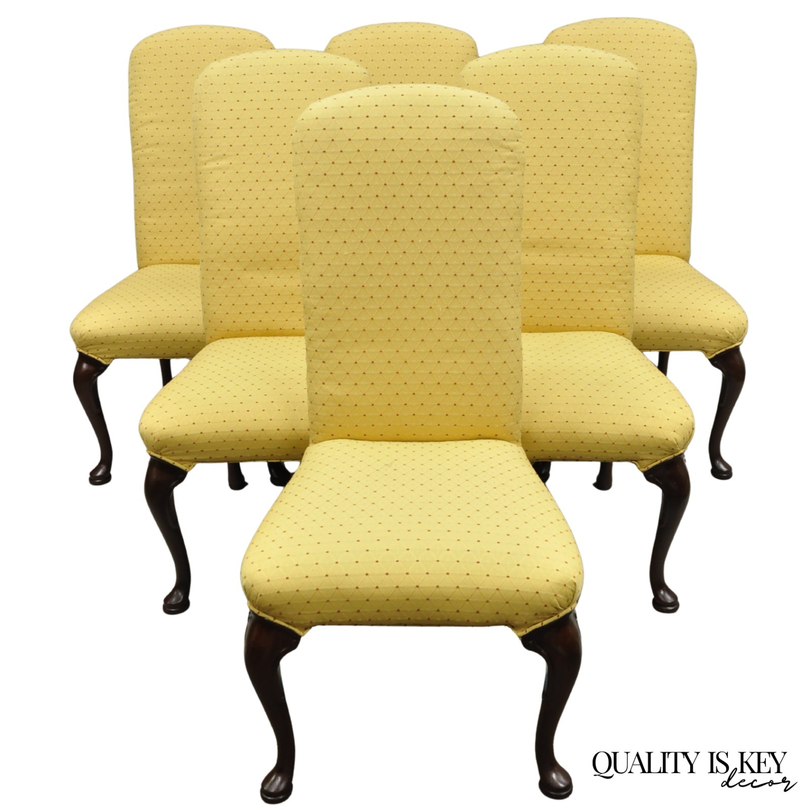Vintage Queen Anne Style Cherry Wood Upholstered Dining Side Chairs - Set of 6