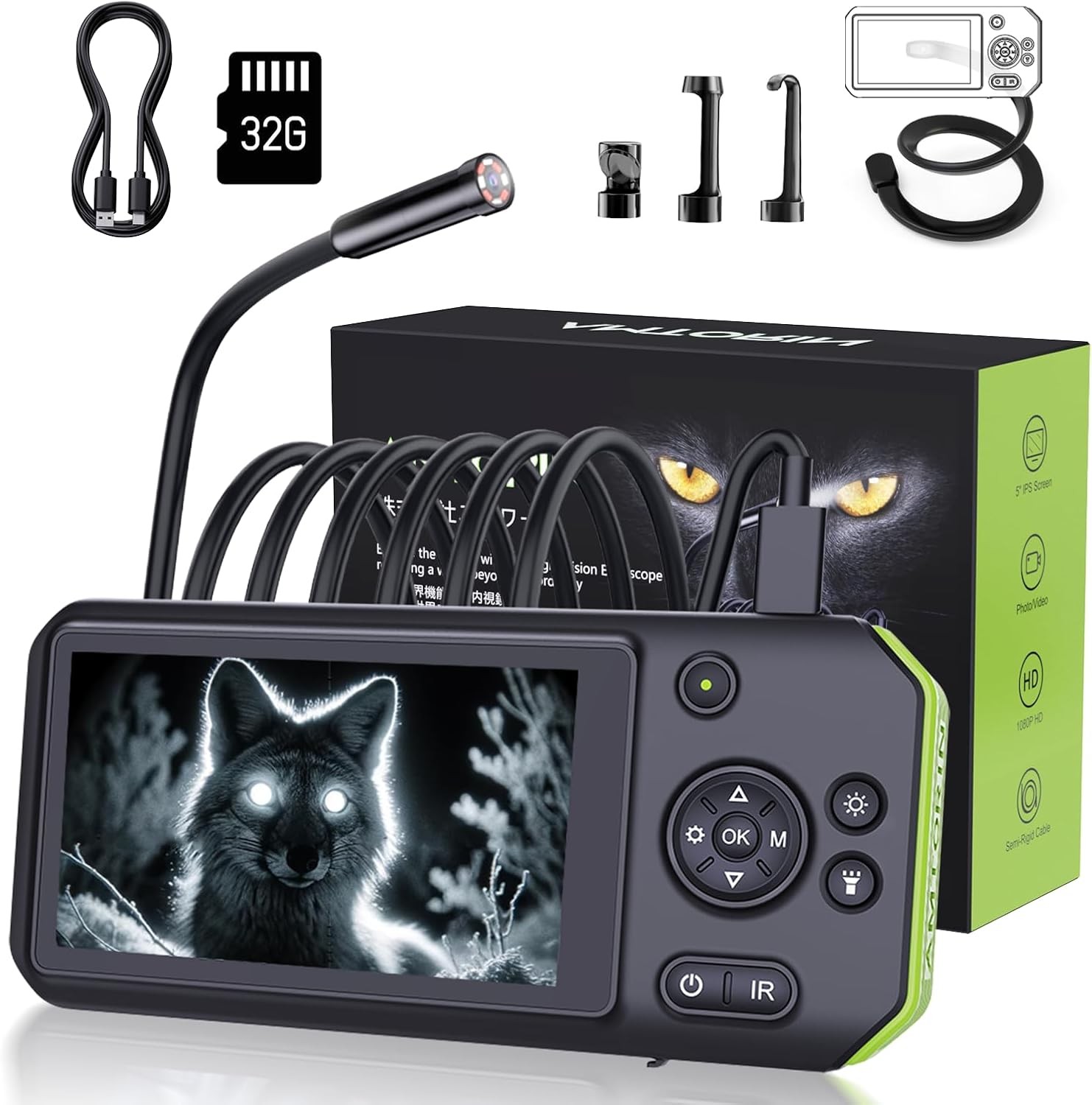 Night Vision Borescope Camera, 5" IPS Screen, 16.5FT Cable, IP67 Waterproof