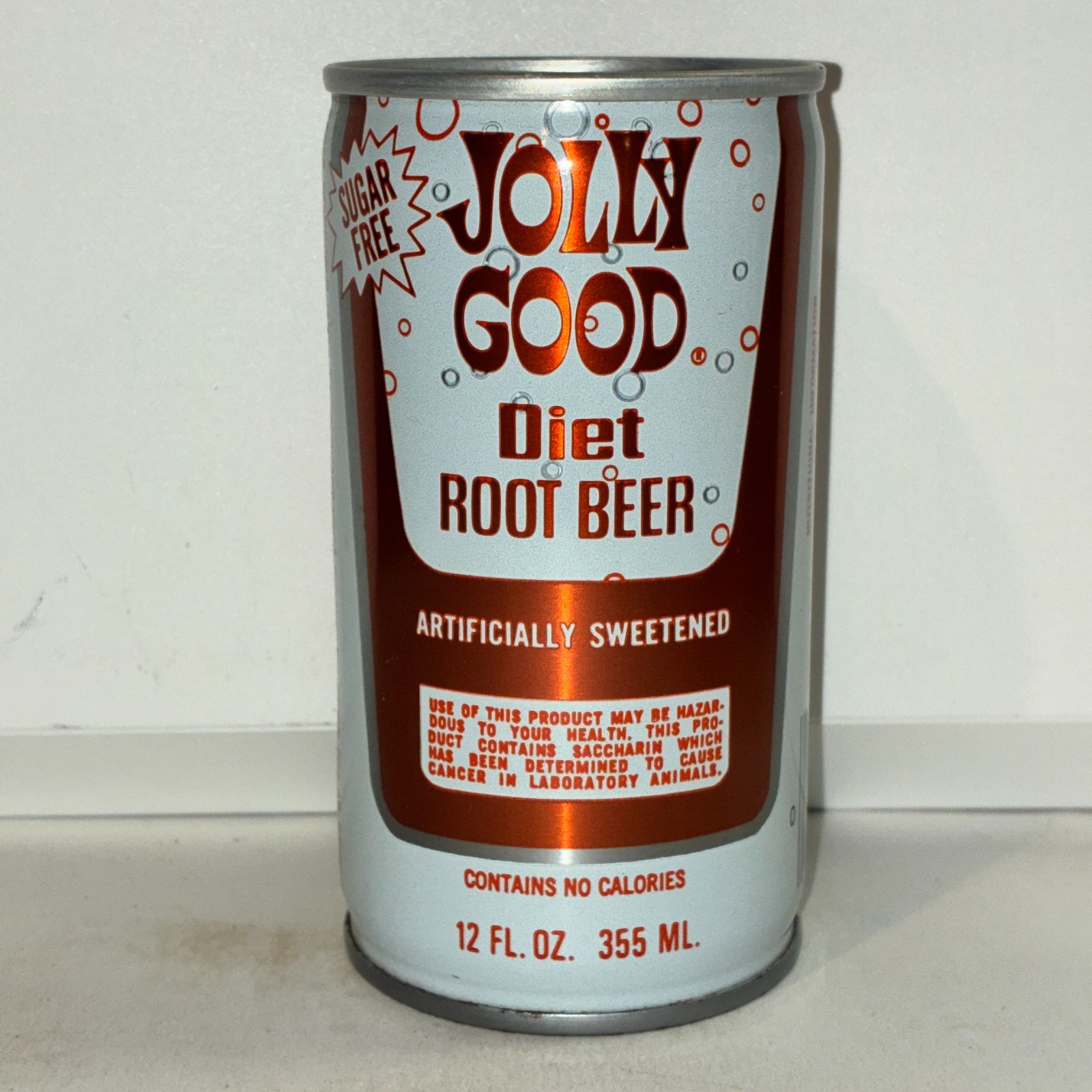 1970's Jolly Good Diet Root Beer Soda can, crimped steel, "Sugar Free"