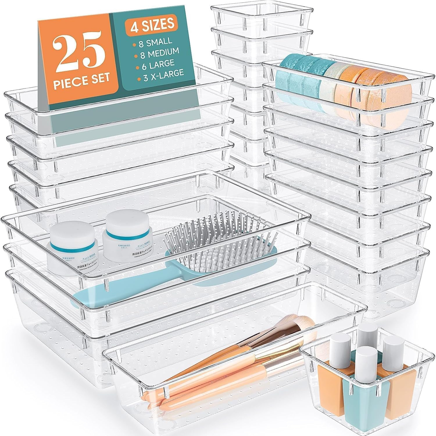 25 PCS Clear Plastic Drawer Organizer Set 4 Size Storage Bins for Makeup