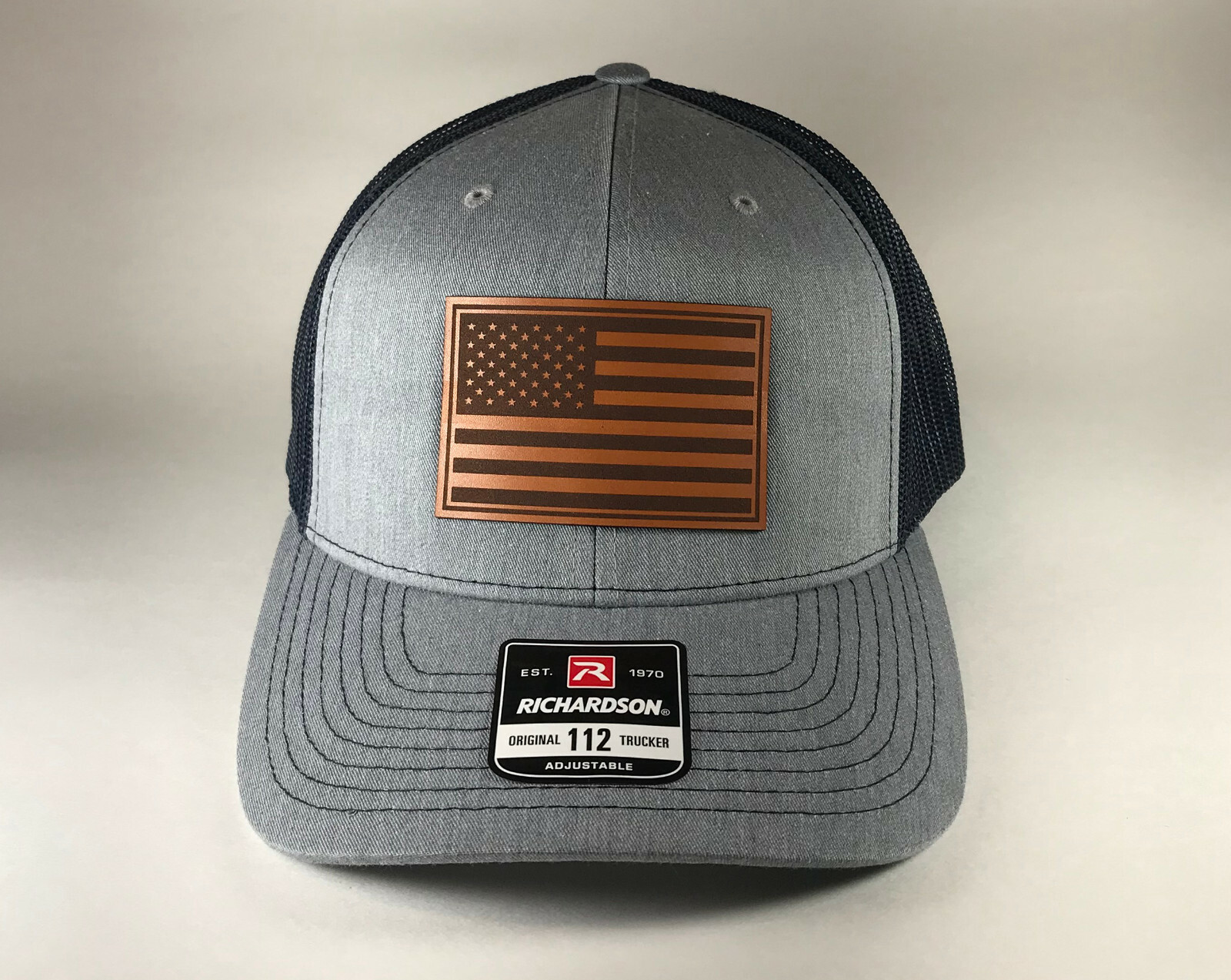 Richardson 112 American Flag 6 Panel Snapback Trucker Mesh Hat Leather Patch
