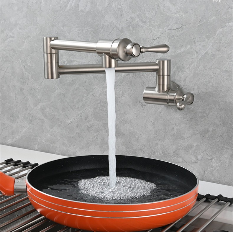Brushed Nickel Pot Filler Folding Kitchen Faucet Double Joint Sink Wall Mounted