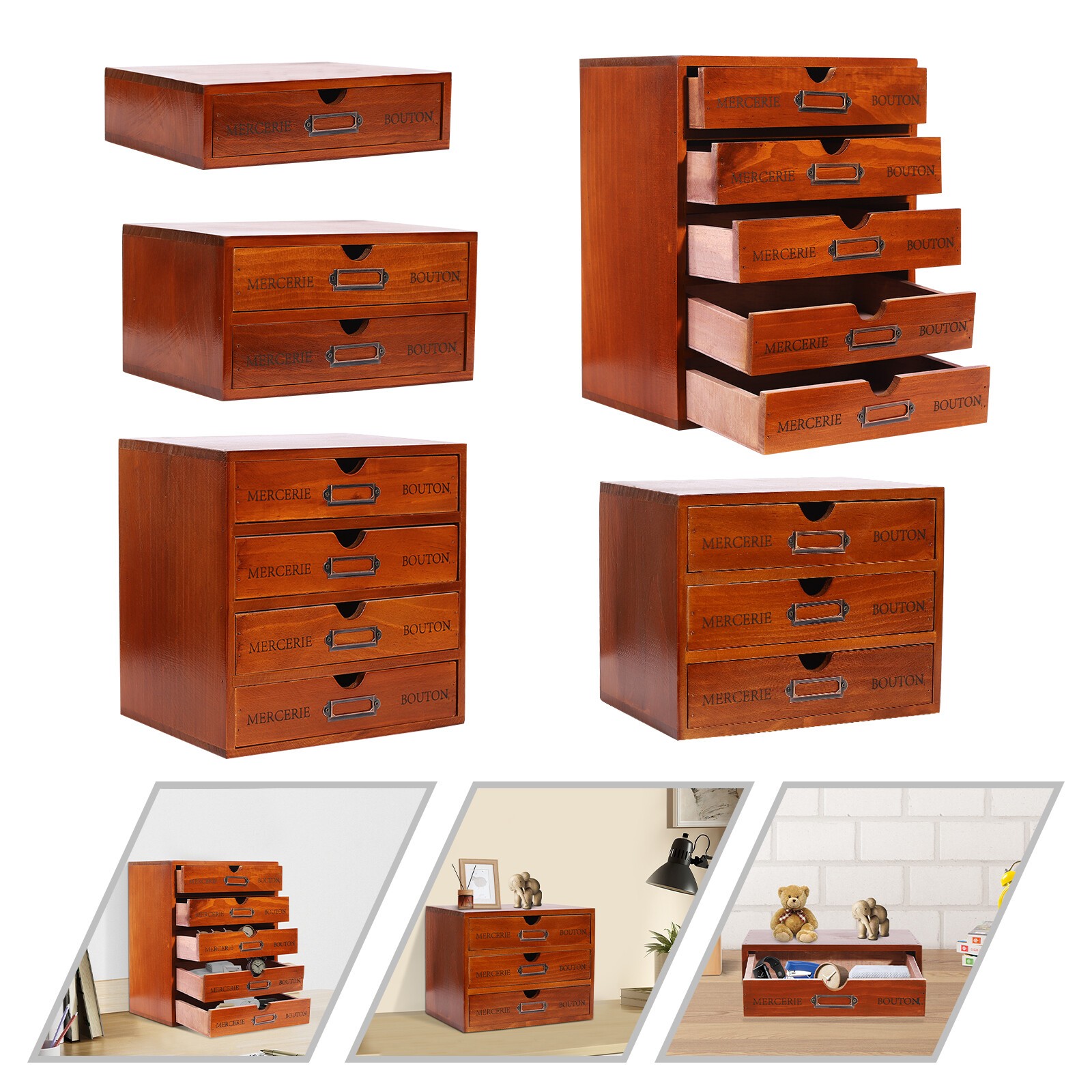 5 Pcs Retro Wooden Desktop Organizer Wooden Storage Drawers for Tabletop (Brown)