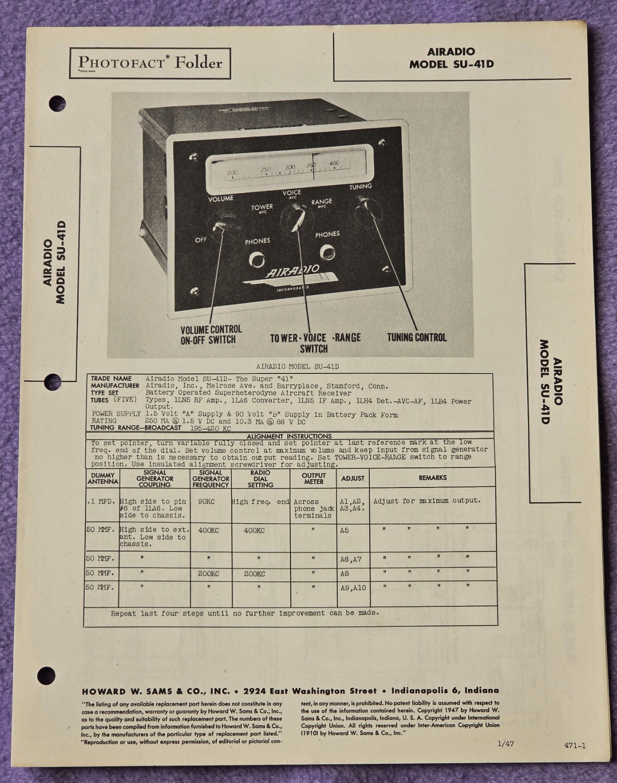Airadio Model SU-41DVTG Howard Sams 1947 Radio Photofact Folder Sams 471-1