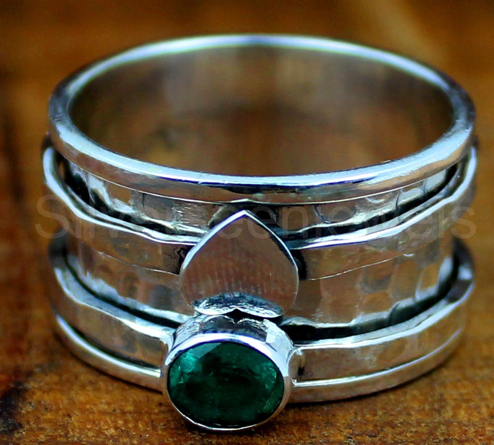 Natural emerald stone rings Spinning Design ring, 925 Sterling silver ring