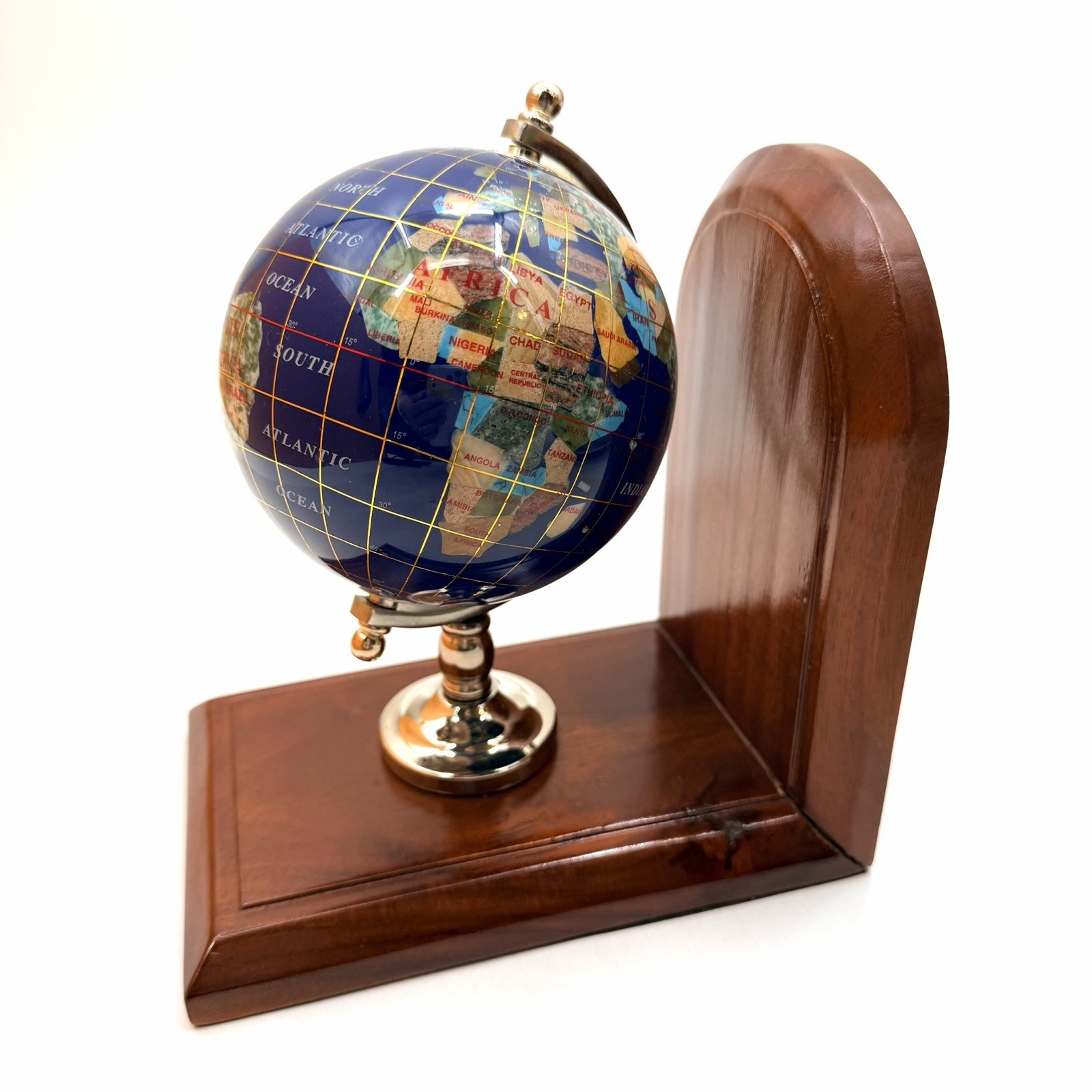 Gemstone & Wood - World Globe Bookend - 4" Globe **FLAW READ