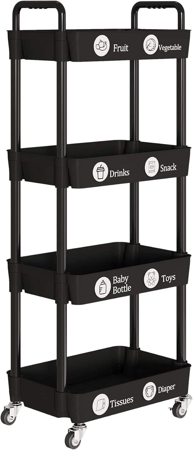 Compact 4-Tier Rolling Cart with Classification Stickers - Effortless Storage