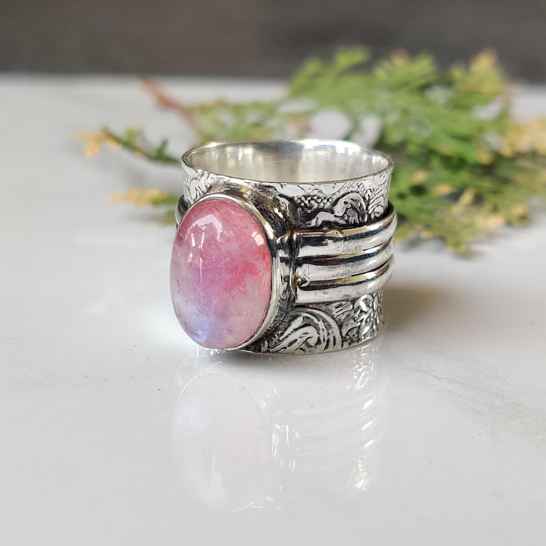 Pink Spinner Moonstone Ring Handmade 925 Sterling Silver Engagement Ring 588