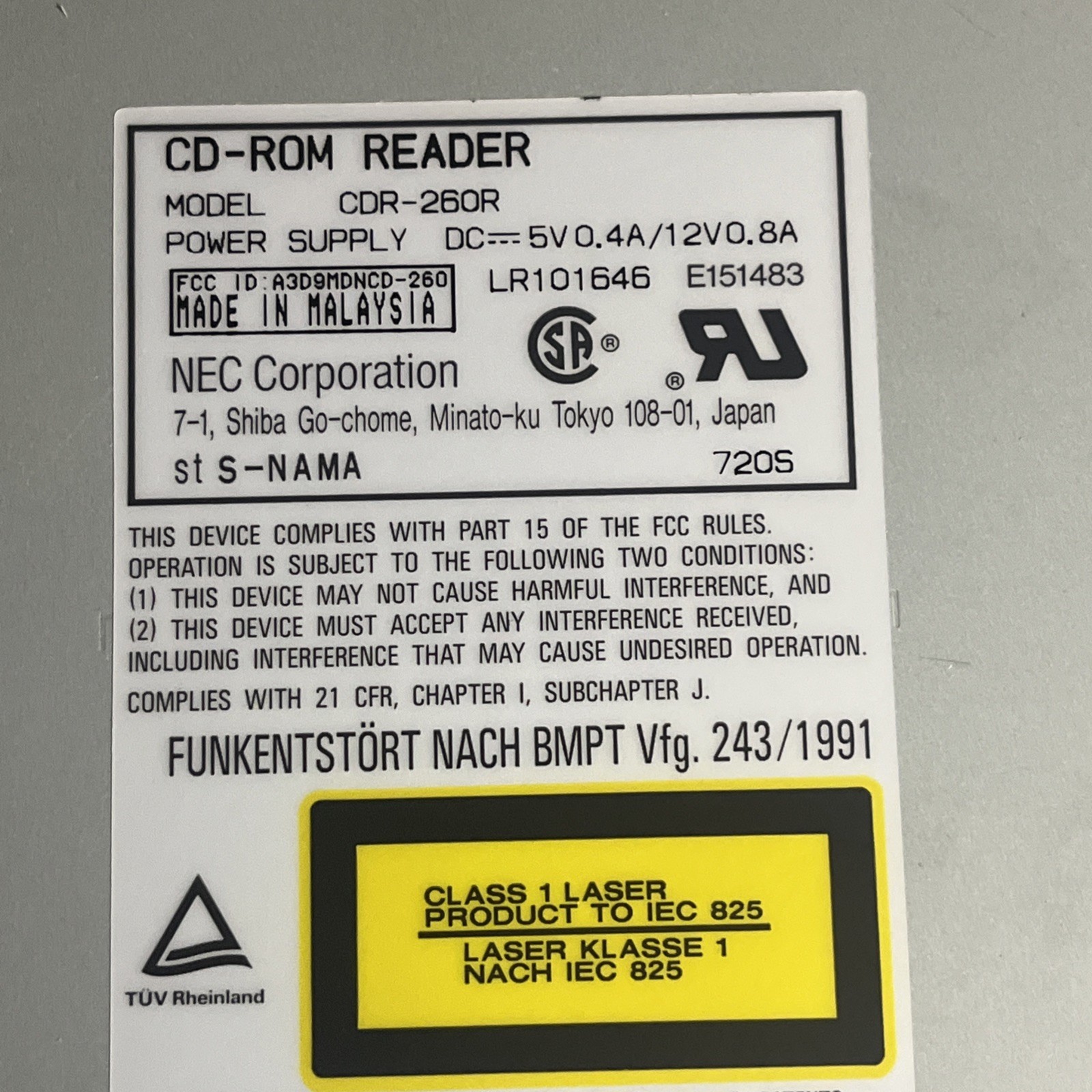 CD-ROM Drive NEC CDR-260 ** 8-bit IDE Interface ** vintage 1994 @4A