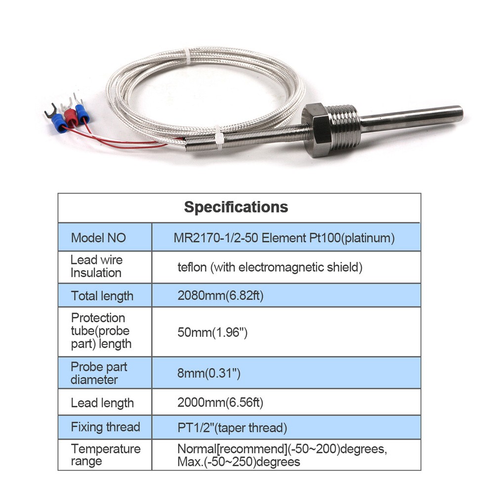 2x Temperature Sensor Probe Waterproof Pt100 Ohm Probe Sensor w/ Insulation Lead