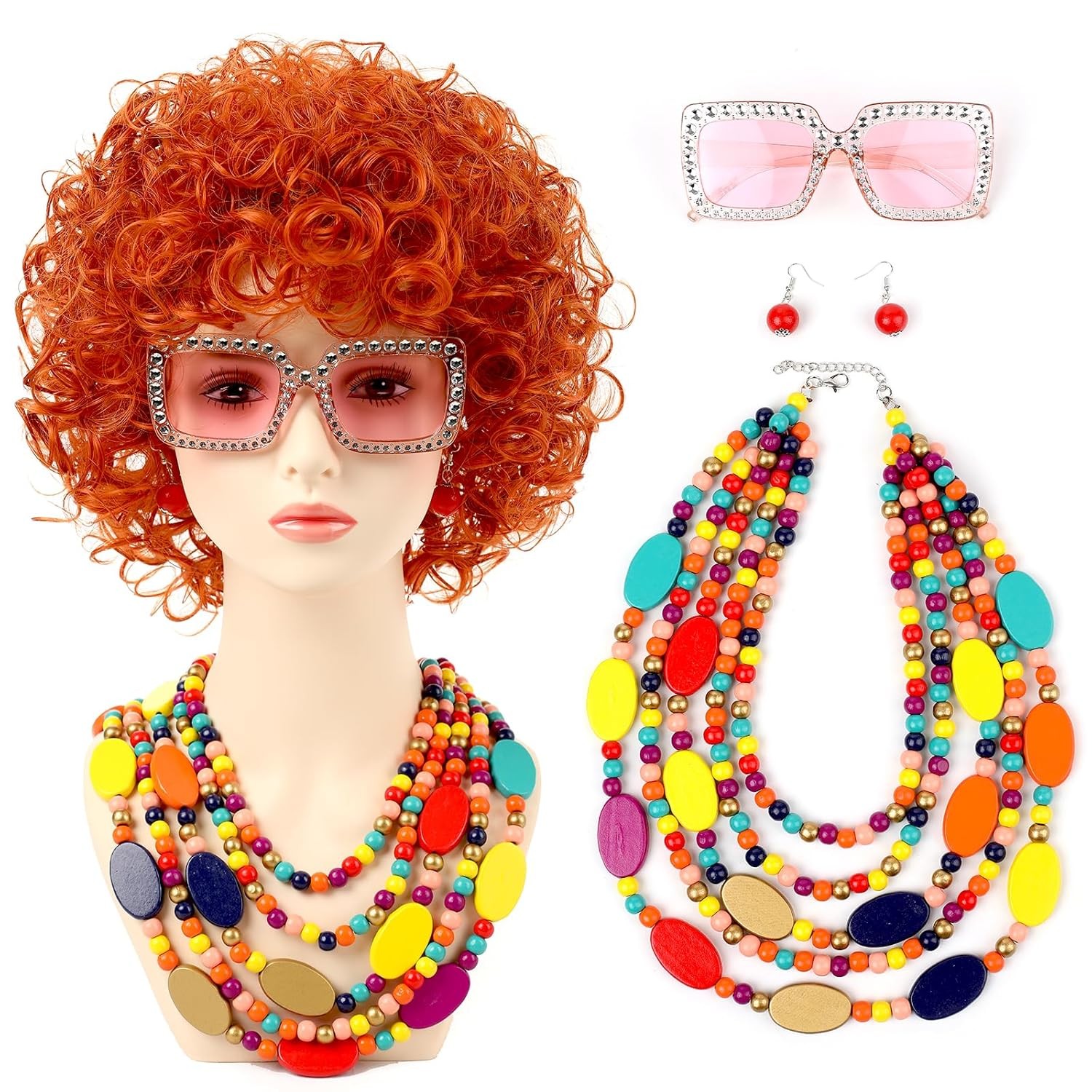 Women Roper Curly Orange Red Cosplay Wig Set with Accessories for Halloween