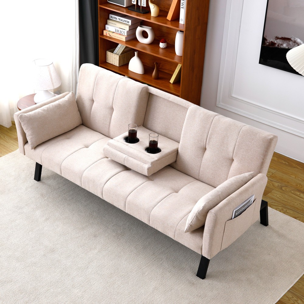 70" Cotton Linen Sofa Bed, Foldable Sofa w/Cup Holder& Storage,Multi-Functional