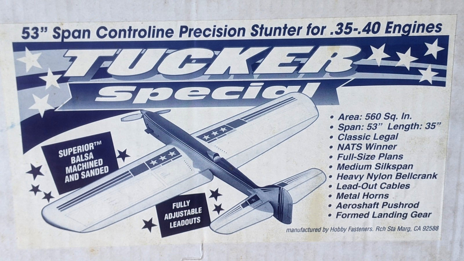 Hobby Fasteners TUCKER SPECIAL Control Line 53" WS Stunt Model Airplane Kit  New